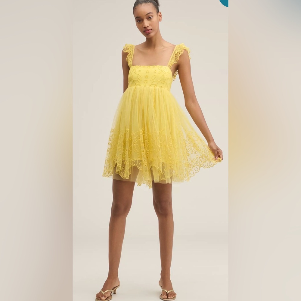 NWT Anthropologie Let Me Be Minikleid aus Tüll mit Lochstickerei yellow size S